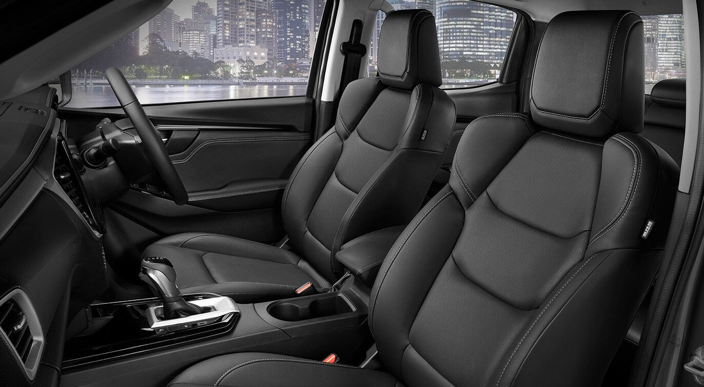 Heated front seats trimmed with black leather-accented upholstery within the new D-MAX LS-U+ Crew Cab Ute 4x4 Auto