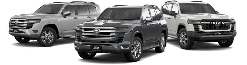 LandCruiser 300 (l-r) Sahara, Sahara ZX, GR Sport pre-production models.