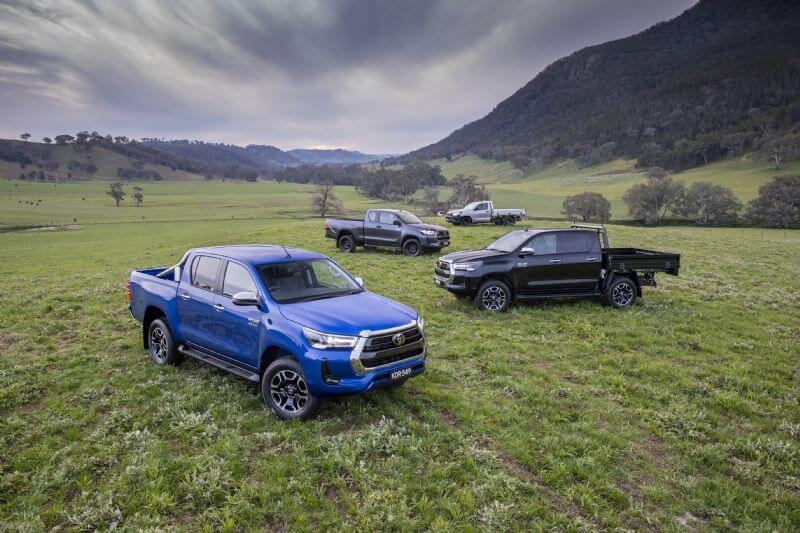 2020 Toyota HiLux range. Toyota HiLux SR5 (front, blue), Toyota HiLux SR5 cab-chassis (black),Toyota HiLux SR (centre, grey) and Toyota HiLux Workmate (rear, silver).