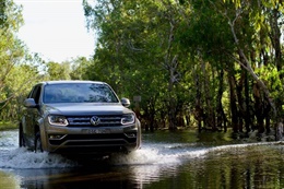 Volkswagen wading through a forest river